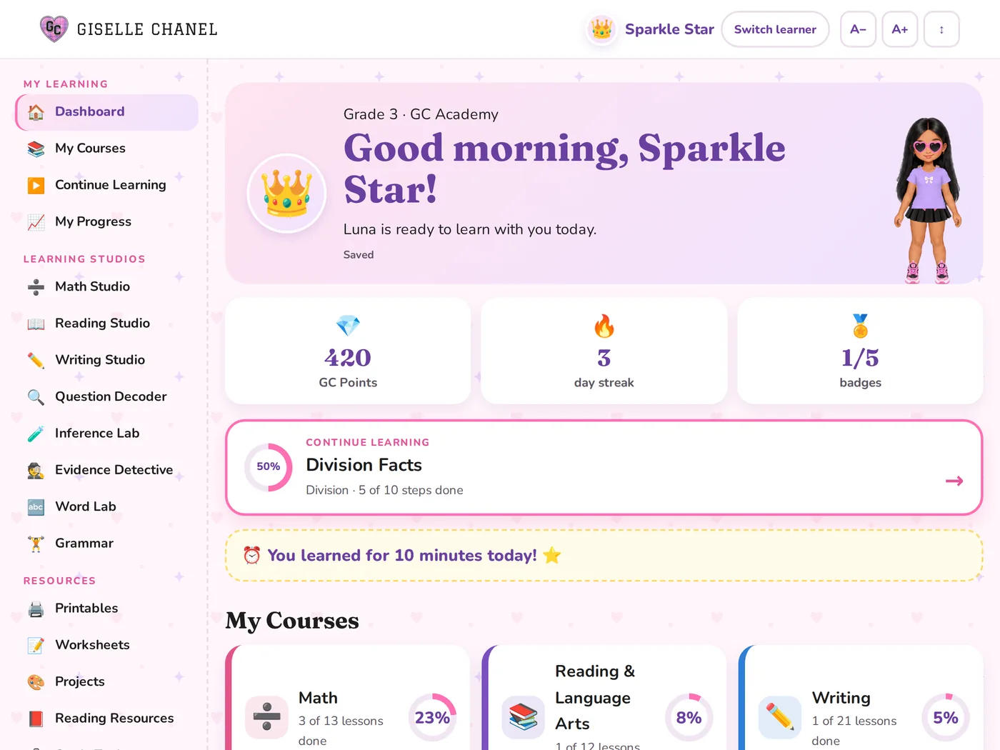 Learner dashboard with points, streak, continue learning, course progress, and lessons picked for her