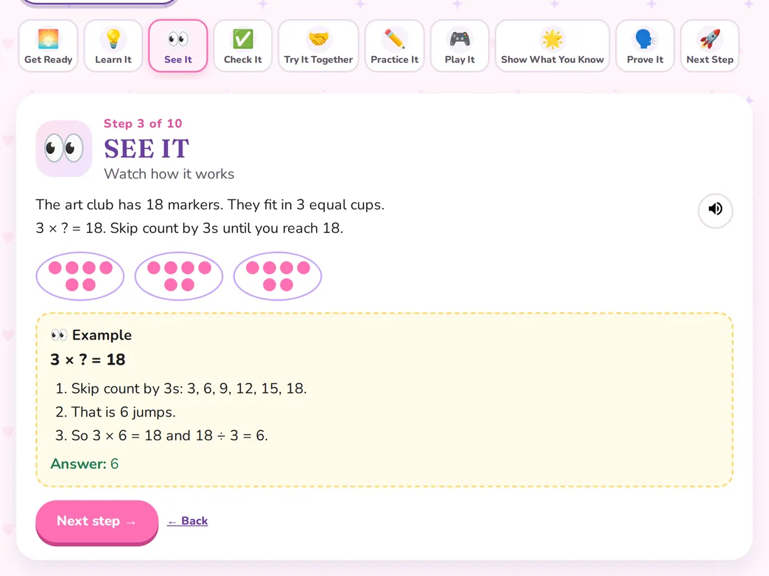 A lesson on the See It step, with the 10 lesson steps across the top and a worked example