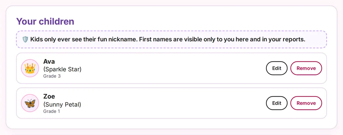 Your children list showing Ava (Sparkle Star), Grade 3, and Zoe (Sunny Petal), Grade 1