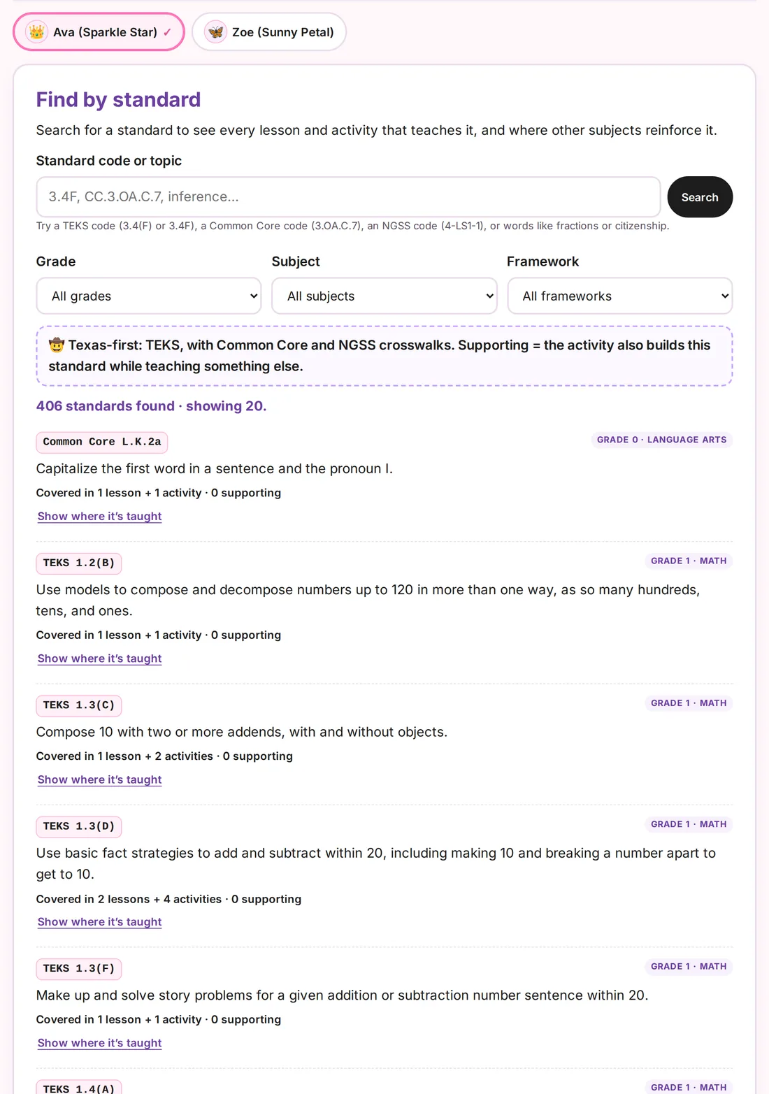 Standards tab listing TEKS and Common Core standards practiced, each with a level