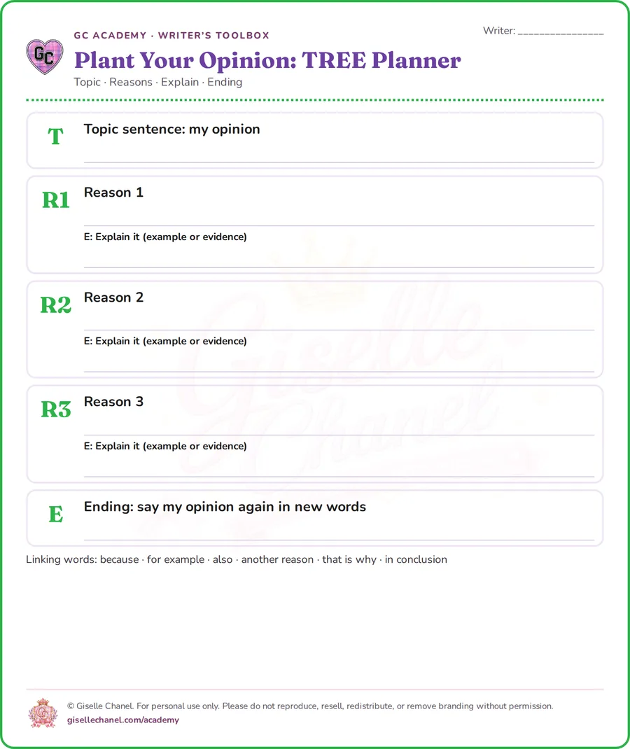 TREE opinion planner: topic, reasons, explain, ending