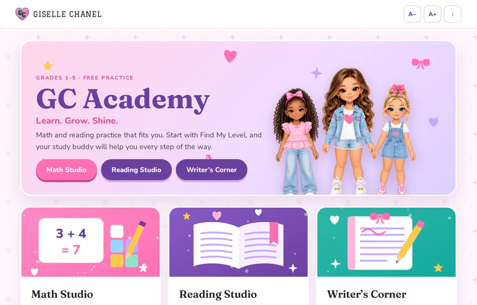The GC Academy home screen with Math Studio, Reading Studio and Writer's Corner