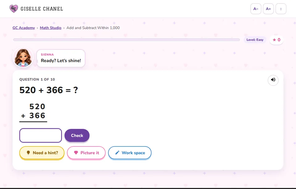 A Math Studio question with hint, picture-it and work space buttons
