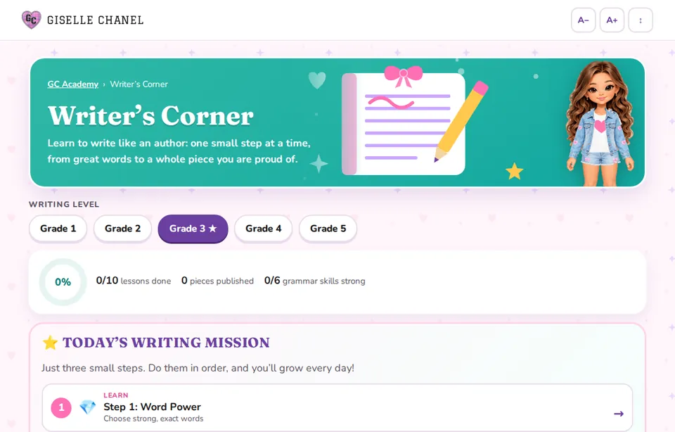 Writer's Corner with a progress ring and Today's Writing Mission